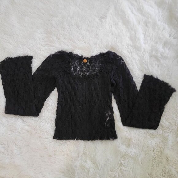 Free People Women's Madison Sheer Long Bell Sleeve Black Cropped Top XS - Picture 8 of 11